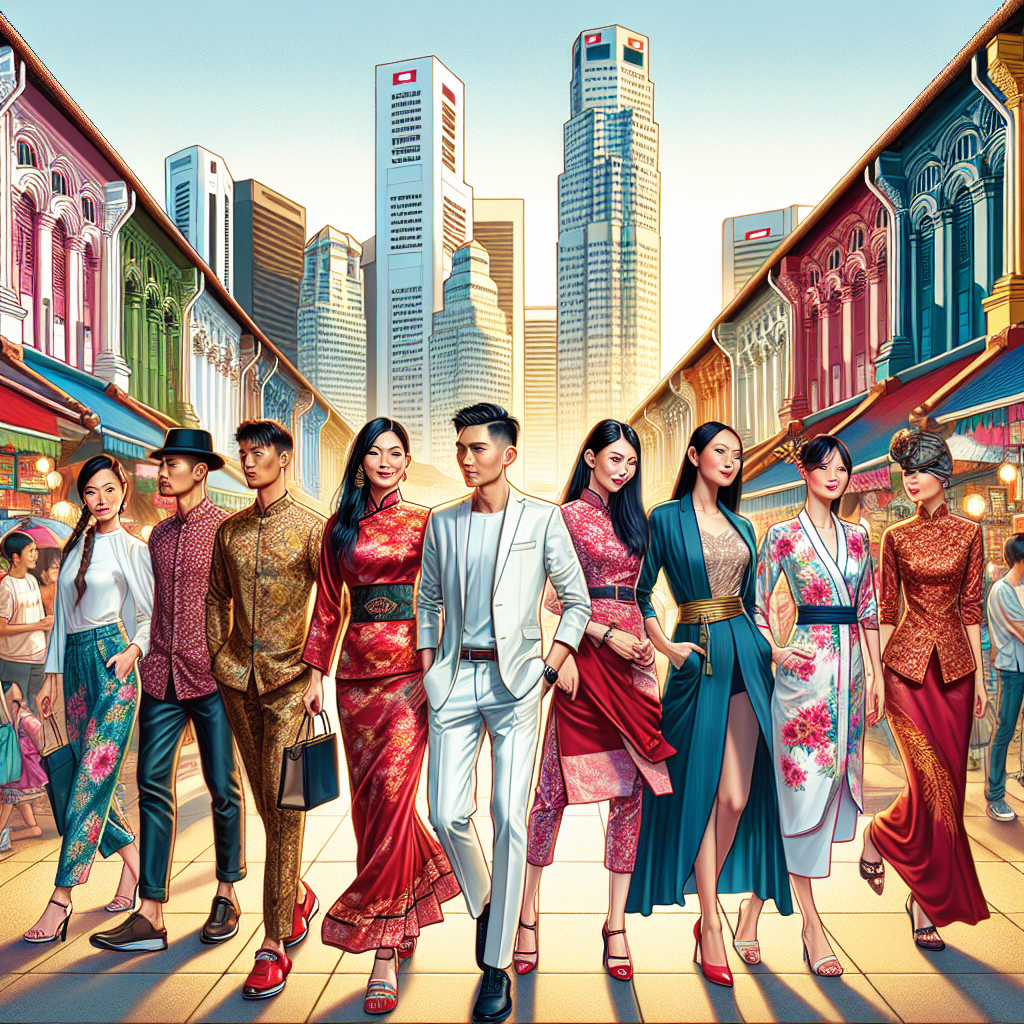 A realistic depiction of diverse individuals wearing traditional and contemporary Singaporean fashion in a bustling city street.