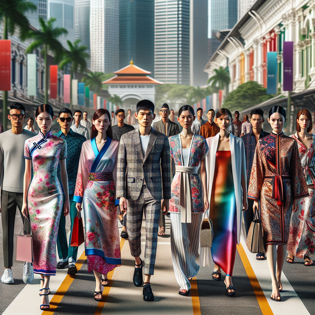 A mix of traditional and modern Singaporean fashion displayed on a busy city street.