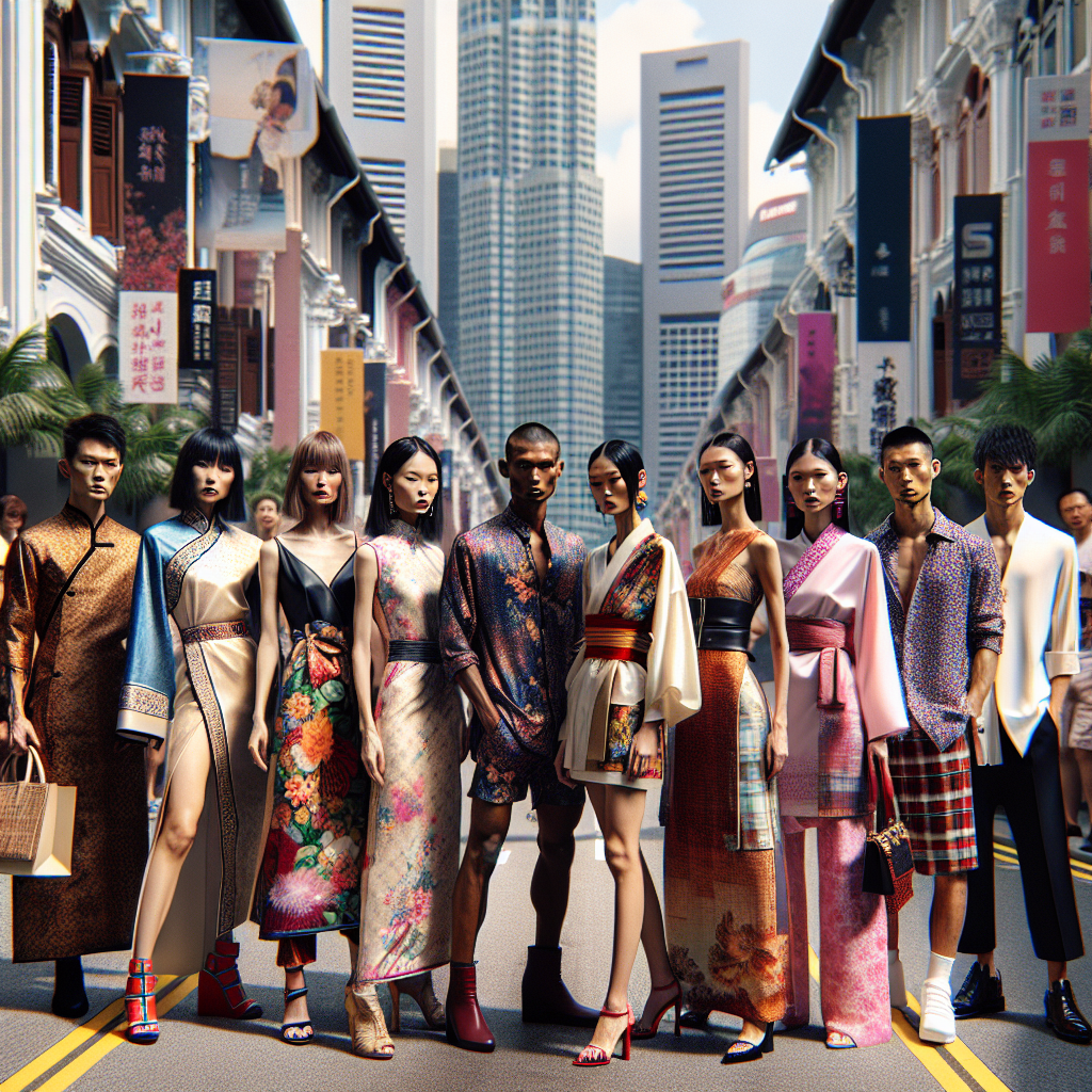 Une rue animée de Singapour présentant une mode diversifiée, notamment le cheongsam traditionnel et le sarong kebaya aux côtés de tenues modernes.