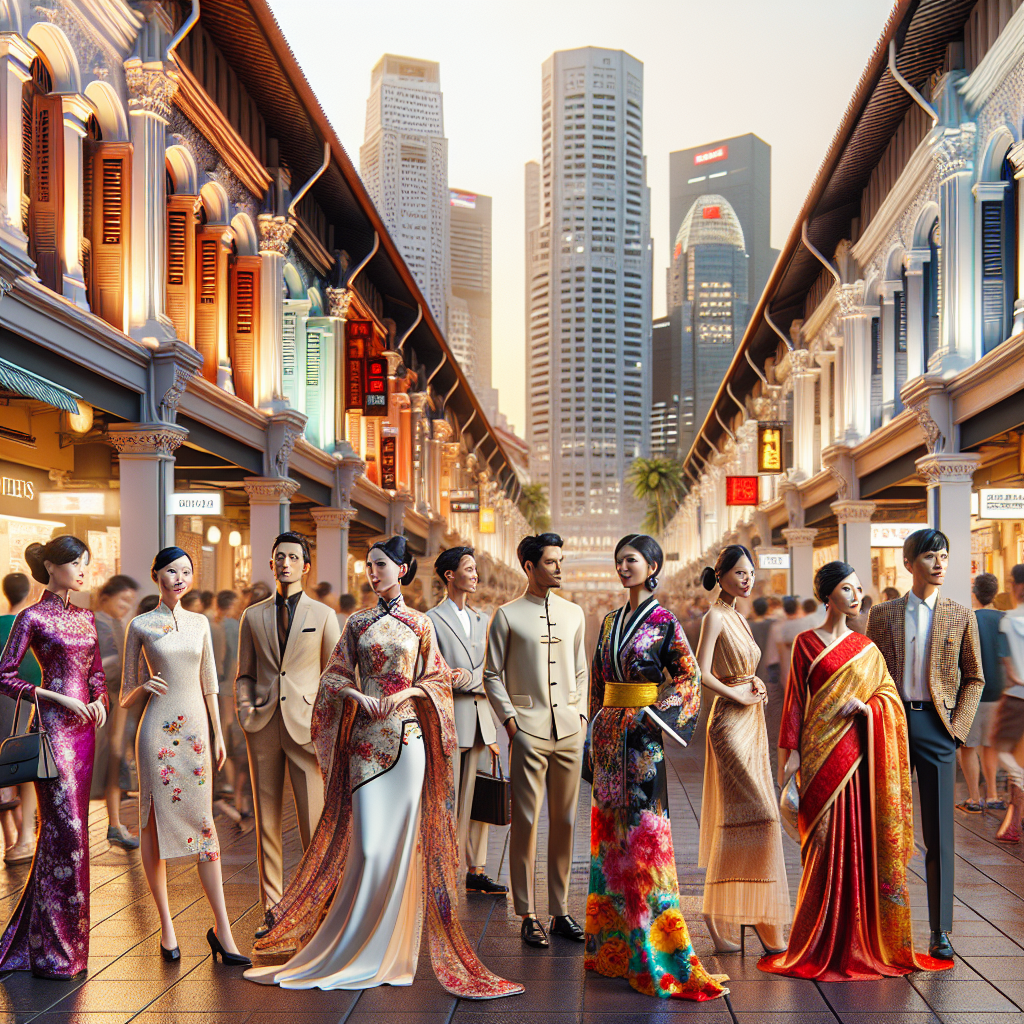 A vibrant street in Singapore showcasing a mix of traditional and contemporary fashion.