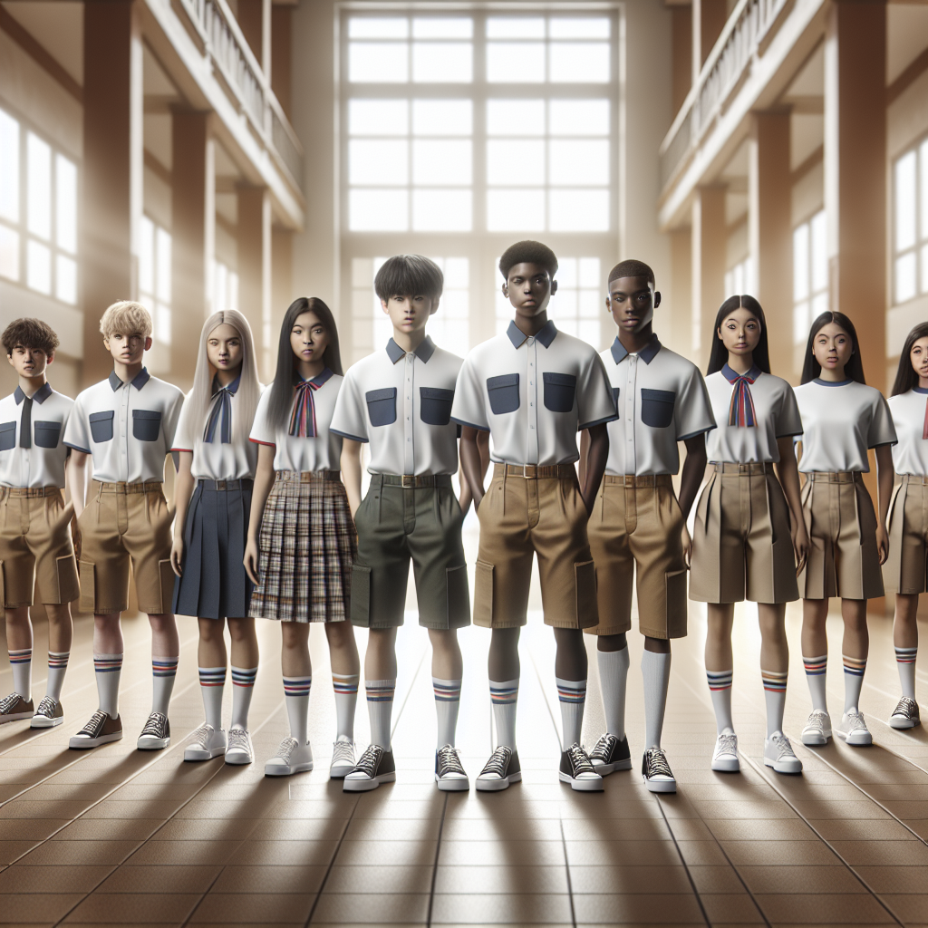 Students wearing high-quality JC uniforms in a well-lit school hallway.