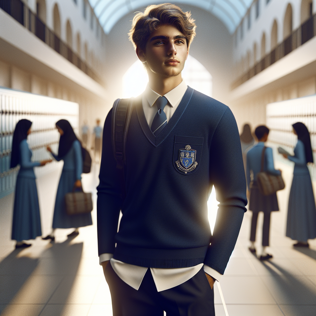 A student wearing a navy-blue JC uniform in a well-lit school corridor.