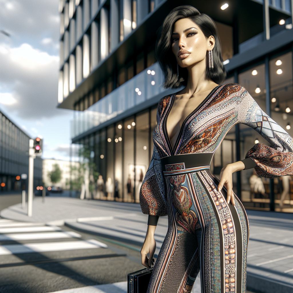 A confident woman in a bold patterned outfit stands on a stylish urban street, showcasing a fashion-forward look.