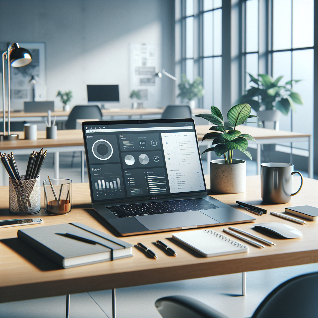 A modern, organized desk with an open laptop showing the Plain.j tool interface.