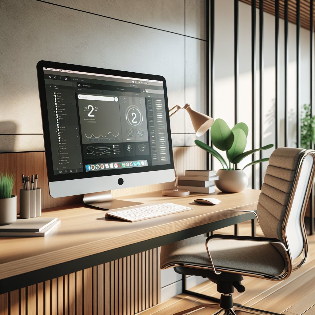 A modern workspace featuring the Plain.j tool interface on a sleek computer screen.