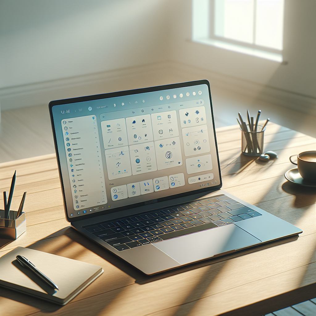 A realistic image of a modern productivity tool's interface on a laptop screen in a minimalist workspace.