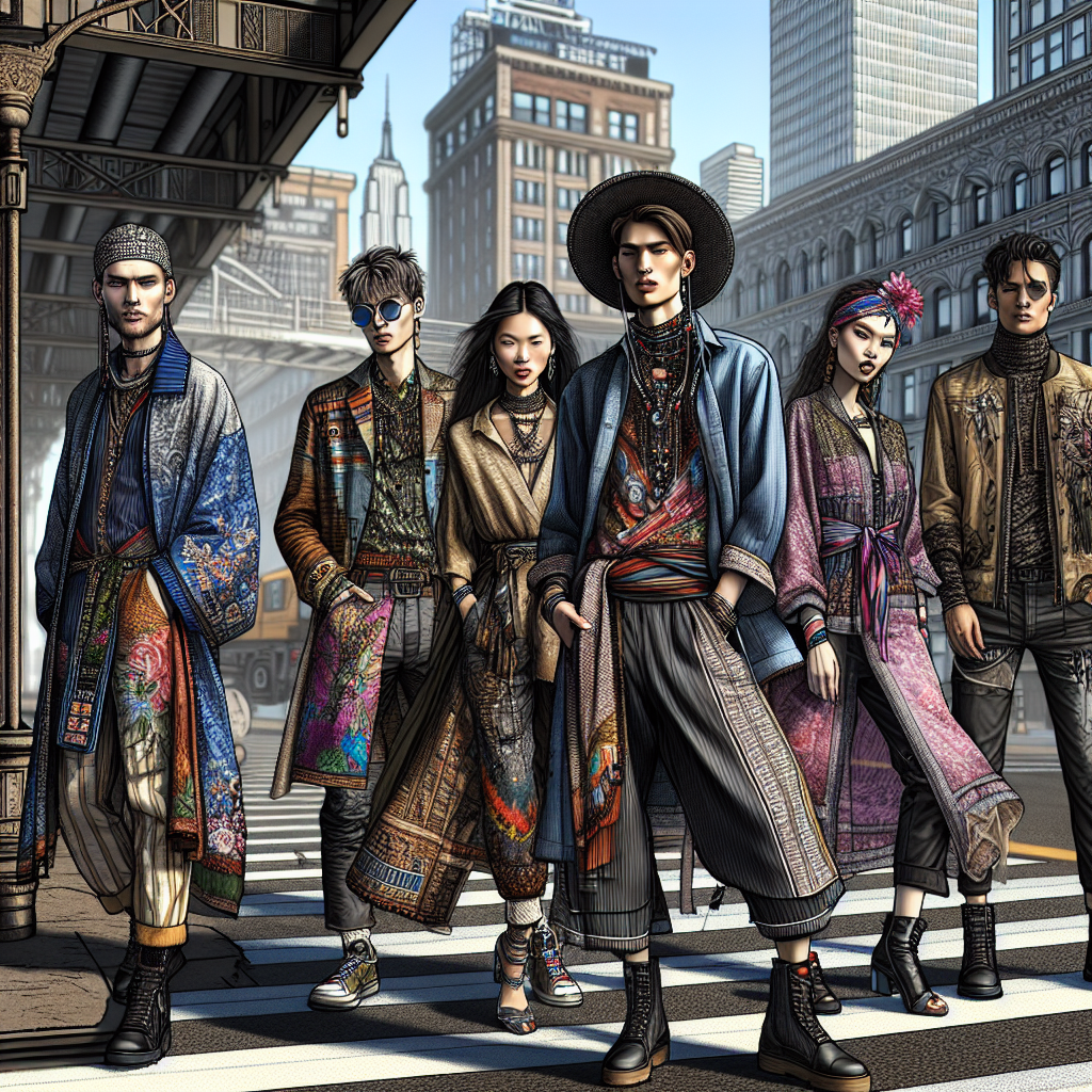 A diverse group of stylish people showcasing contemporary fashion trends in a modern urban setting.