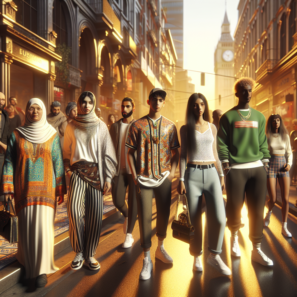 A diverse group of people showcasing contemporary fashion trends on a bustling urban street during golden hour.