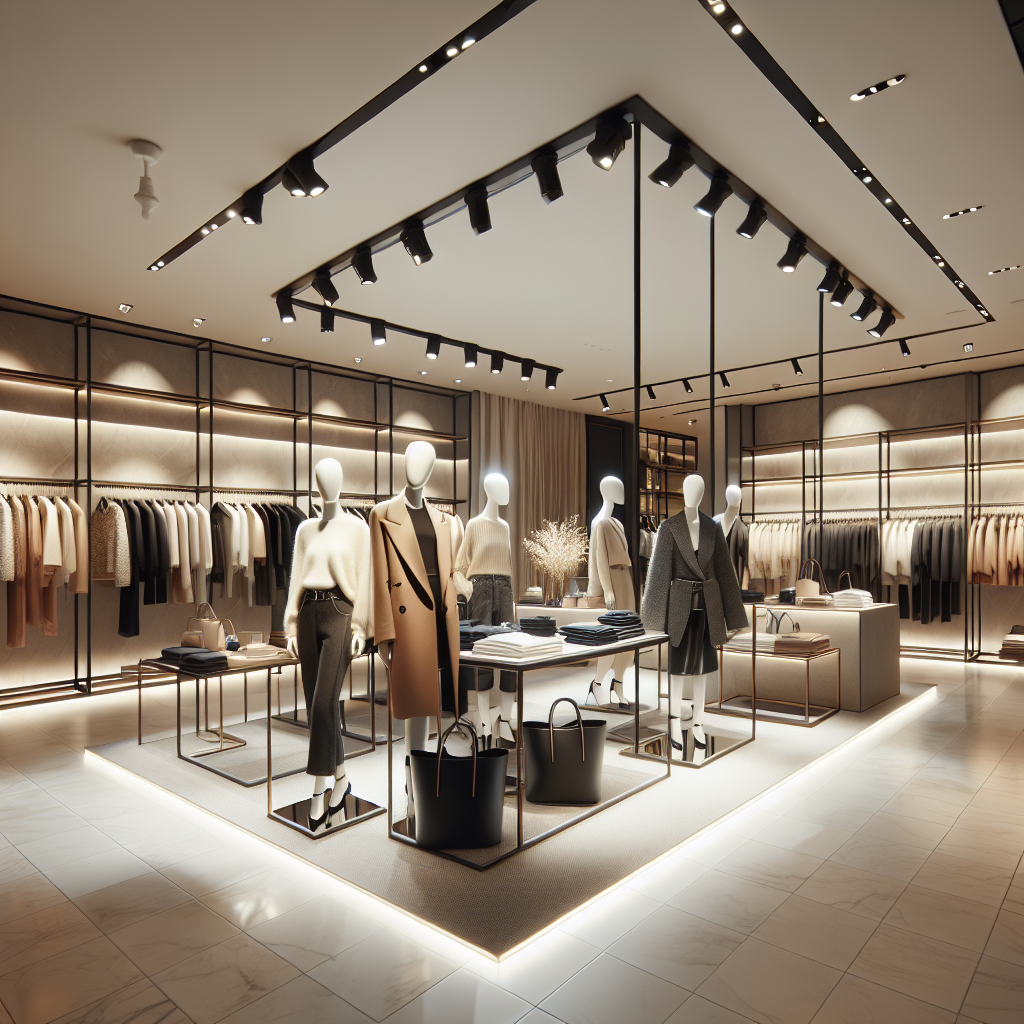 A realistic depiction of a chic, modern fashion store showcasing contemporary clothing and stylish interior design.