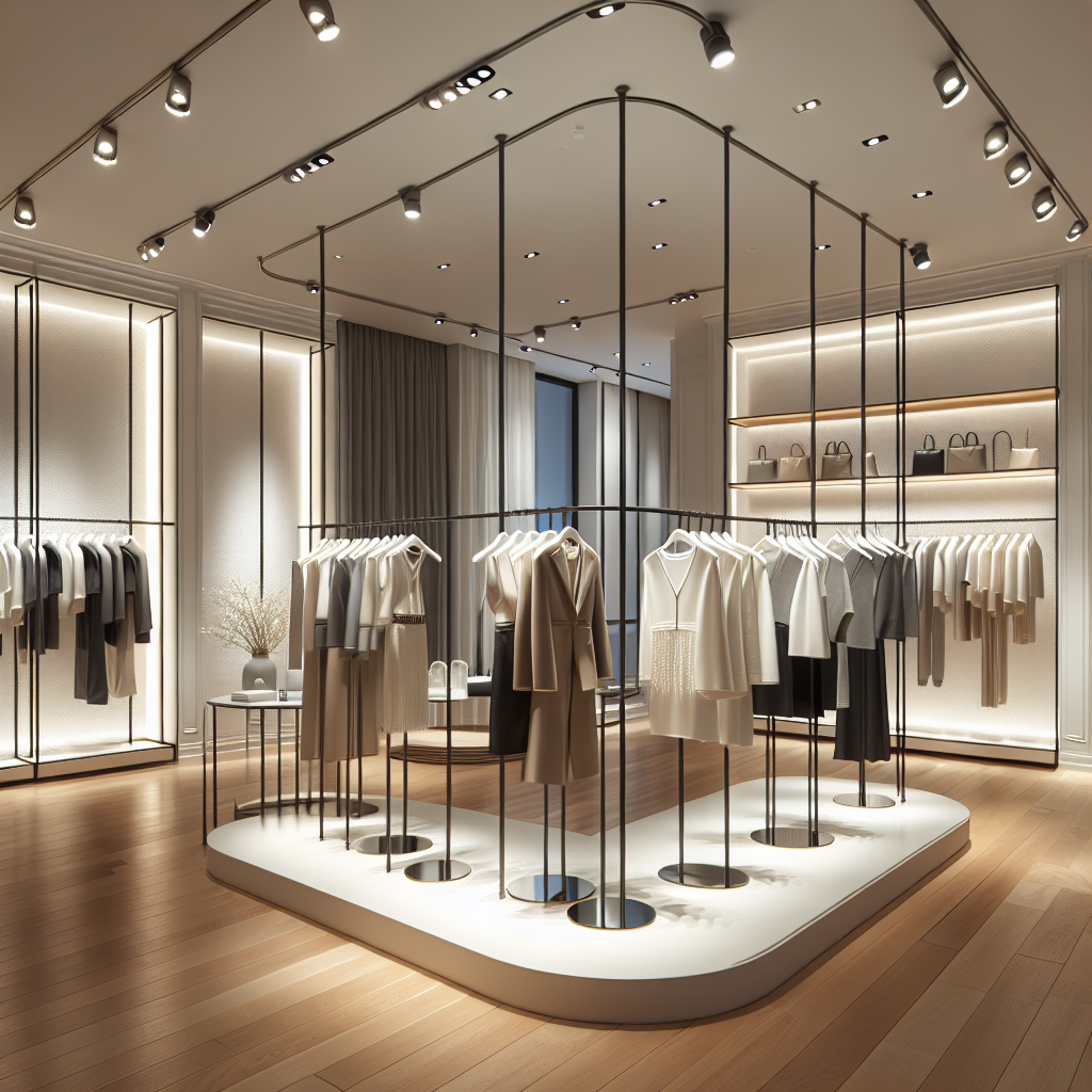 Interior of a trendy fashion boutique with modern decor and contemporary clothes displayed.