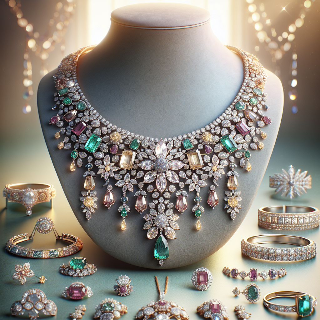 An elegant display of Meyson Jewellery including a necklace, bracelets, rings, and earrings with intricate designs.