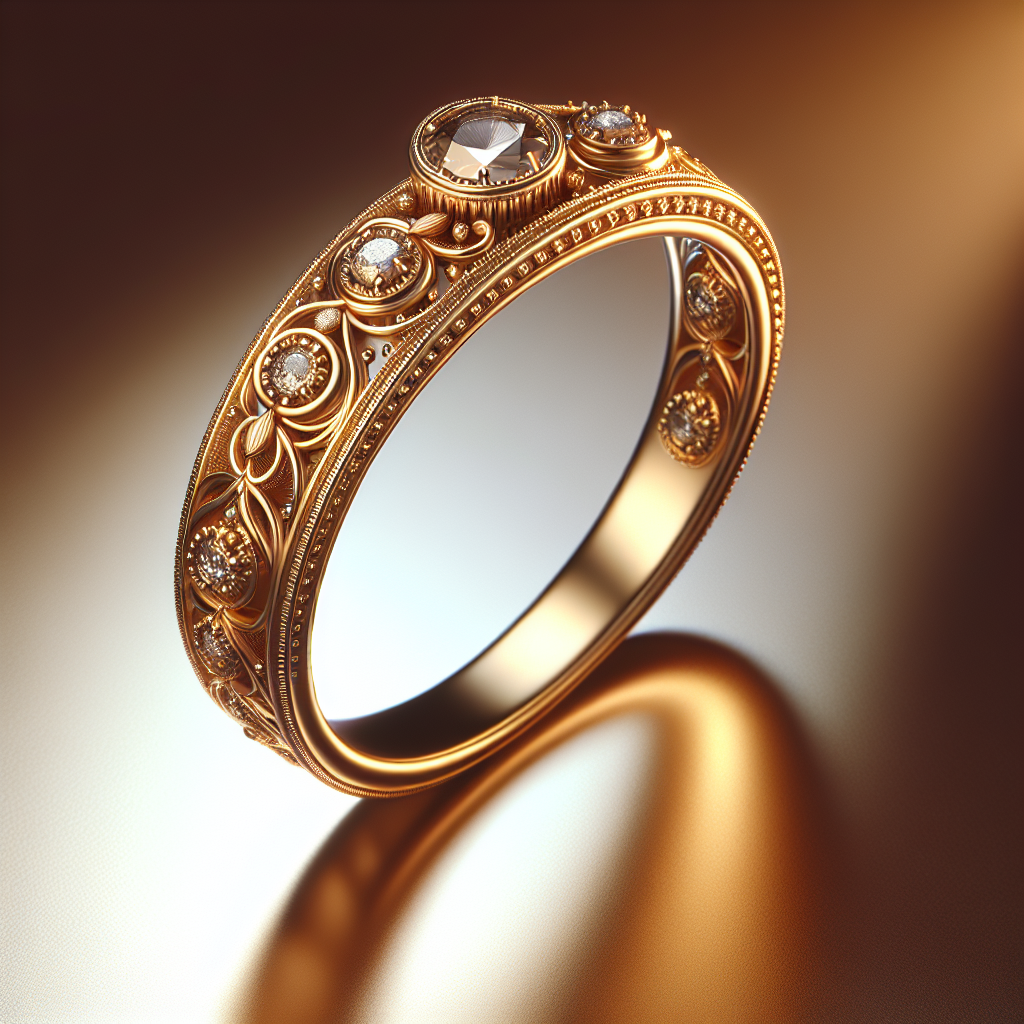 A gold ring with intricate designs, adorned with small gems, from the One Ounce Jewellery collection.