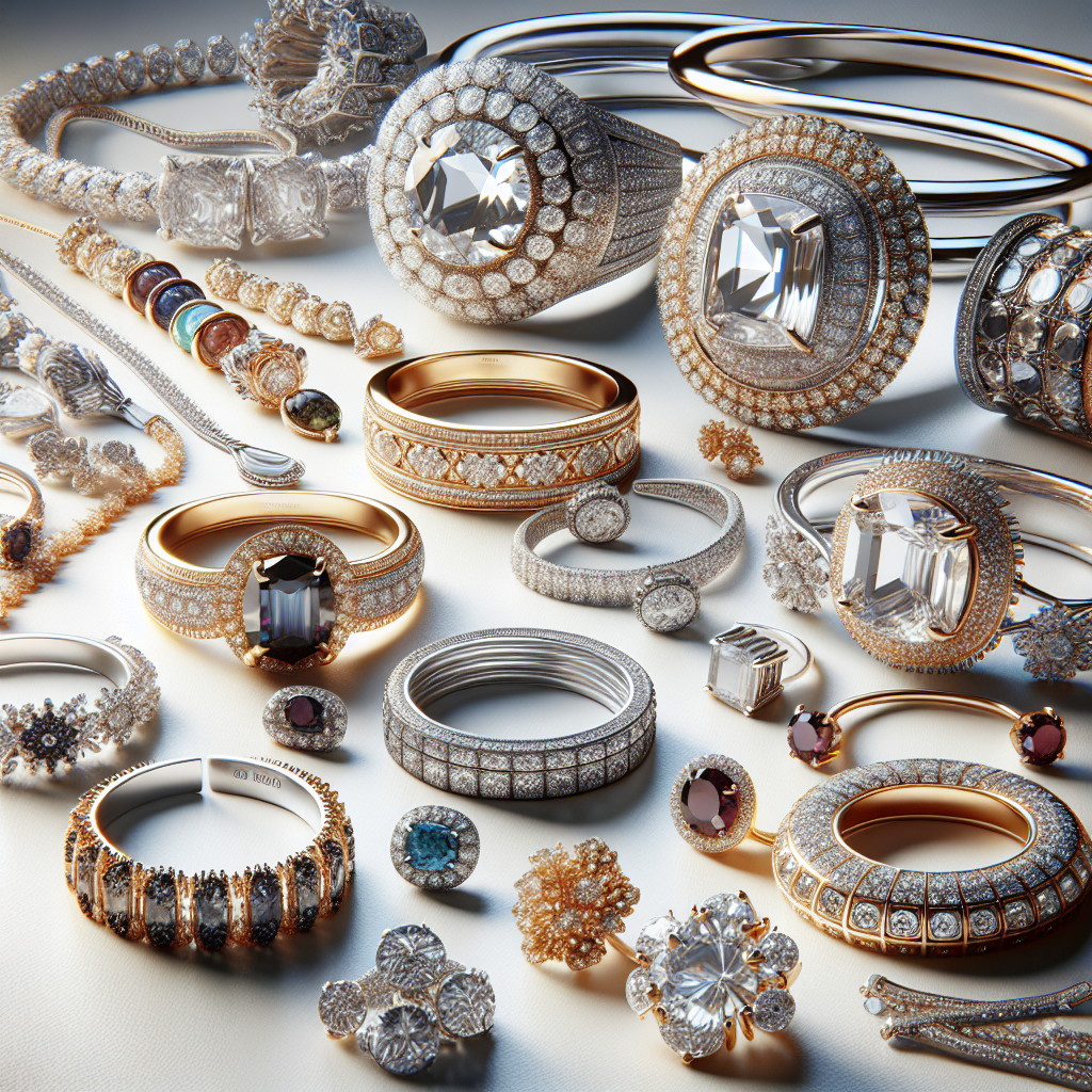 Collection of One Ounce Jewellery pieces including rings, bracelets, and necklaces arranged on a white background.