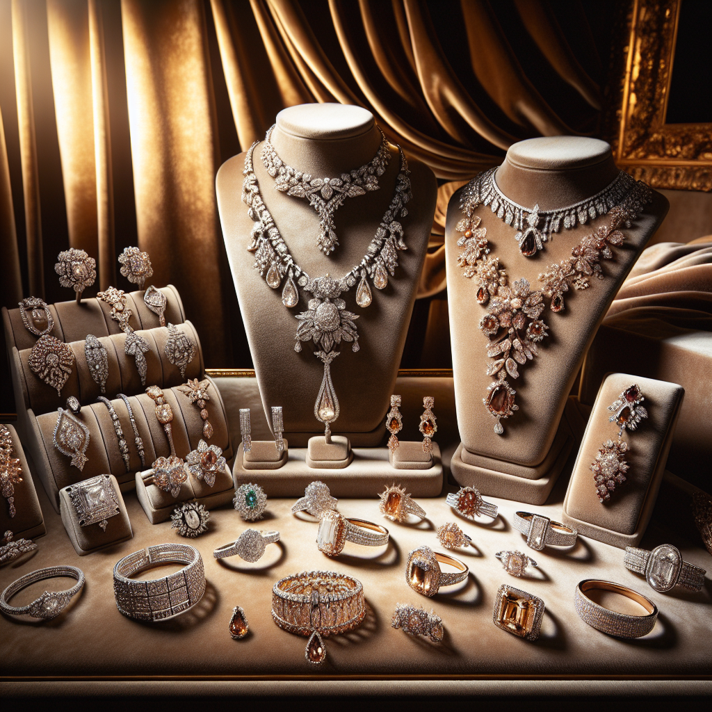 Luxury jewellery display showcasing Meyson Jewellery collection with necklaces, rings, bracelets, and earrings on velvet background under warm lighting.