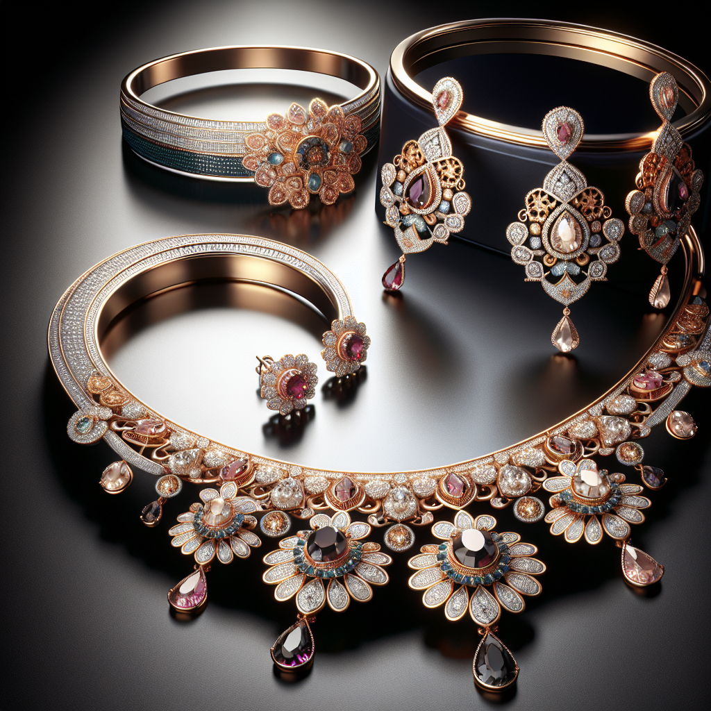 A realistic depiction of fashionable jewelry pieces including a necklace, bracelet, and earrings, highlighting their intricate and elegant designs.