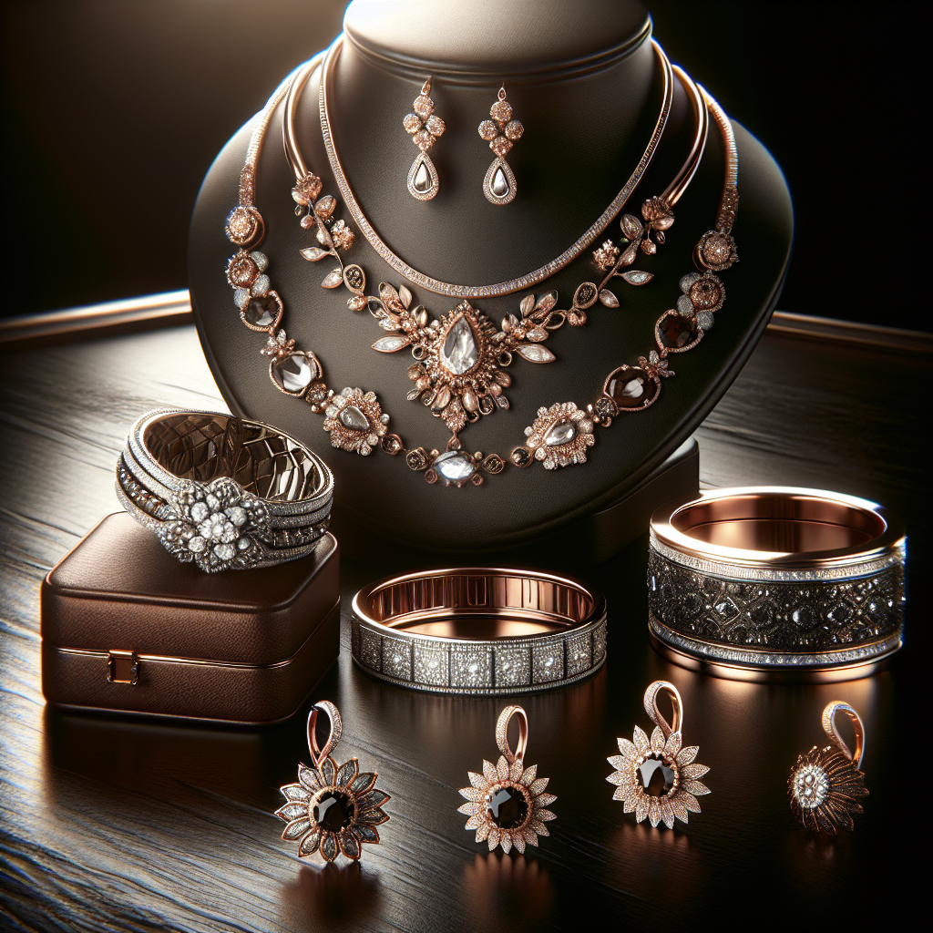 A realistic depiction of a curated collection of fashionable jewelry including a necklace, bracelet, and earrings on a dark background.