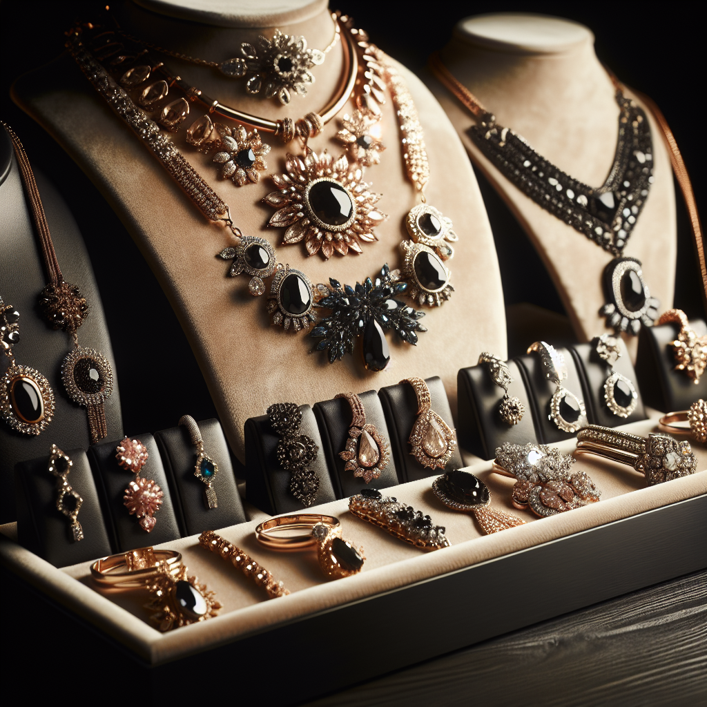 Close-up view of fashionable jewelry on a black velvet display, highlighting intricate designs and precious stones.