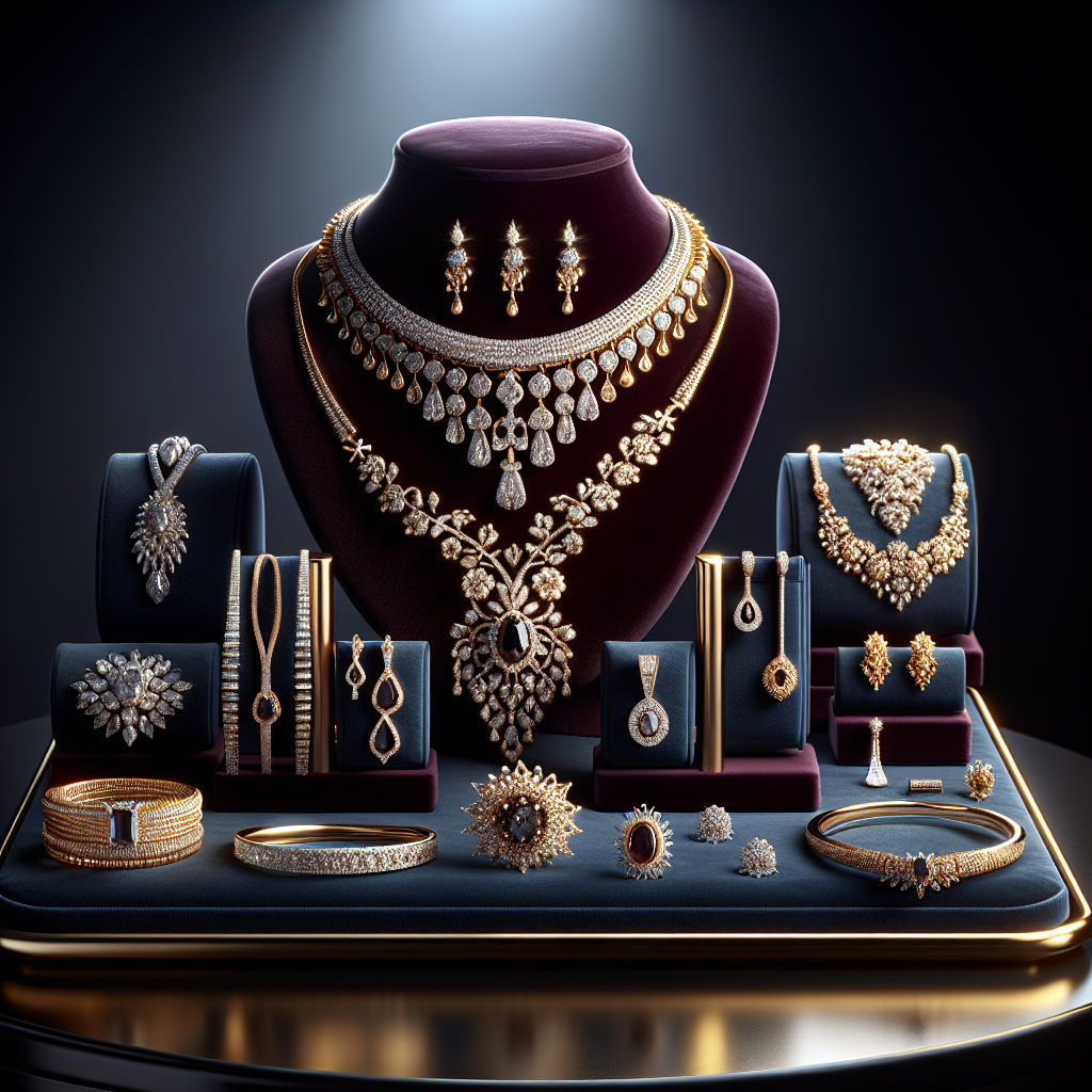 Ensemble de bijoux élégant avec colliers, bracelets et boucles d'oreilles sur un présentoir en velours.