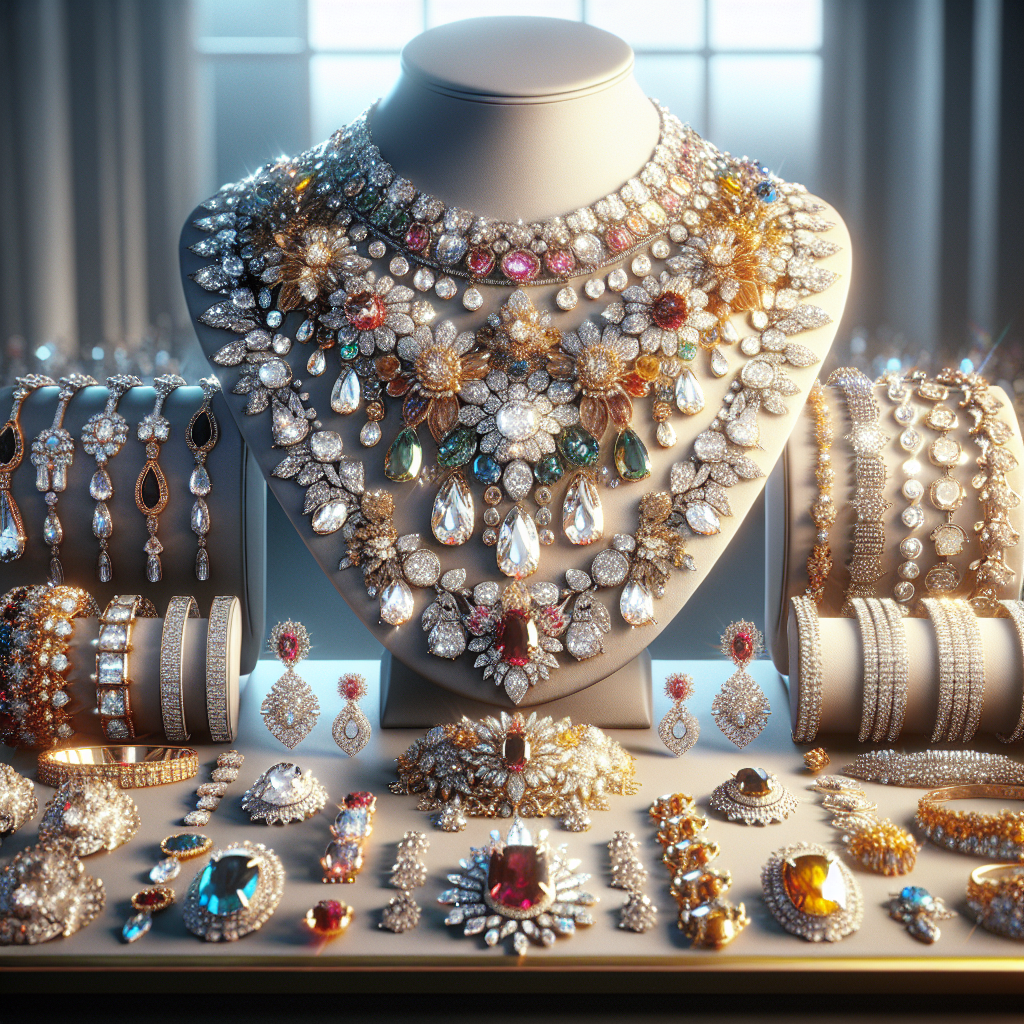 A realistic display of various elegant jewelry pieces including a statement necklace and delicate bracelets.