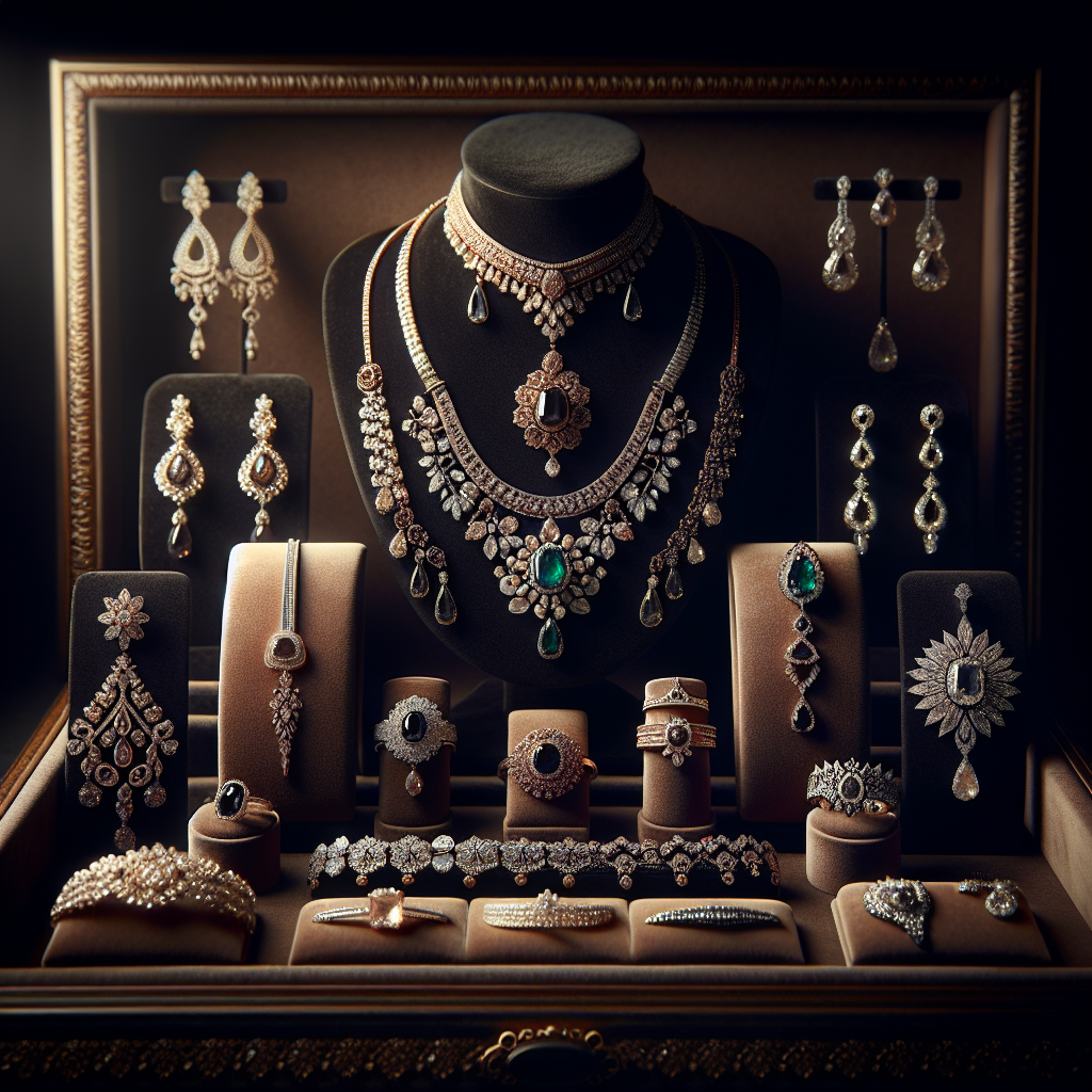 A selection of elegant jewelry on a velvet display stand.