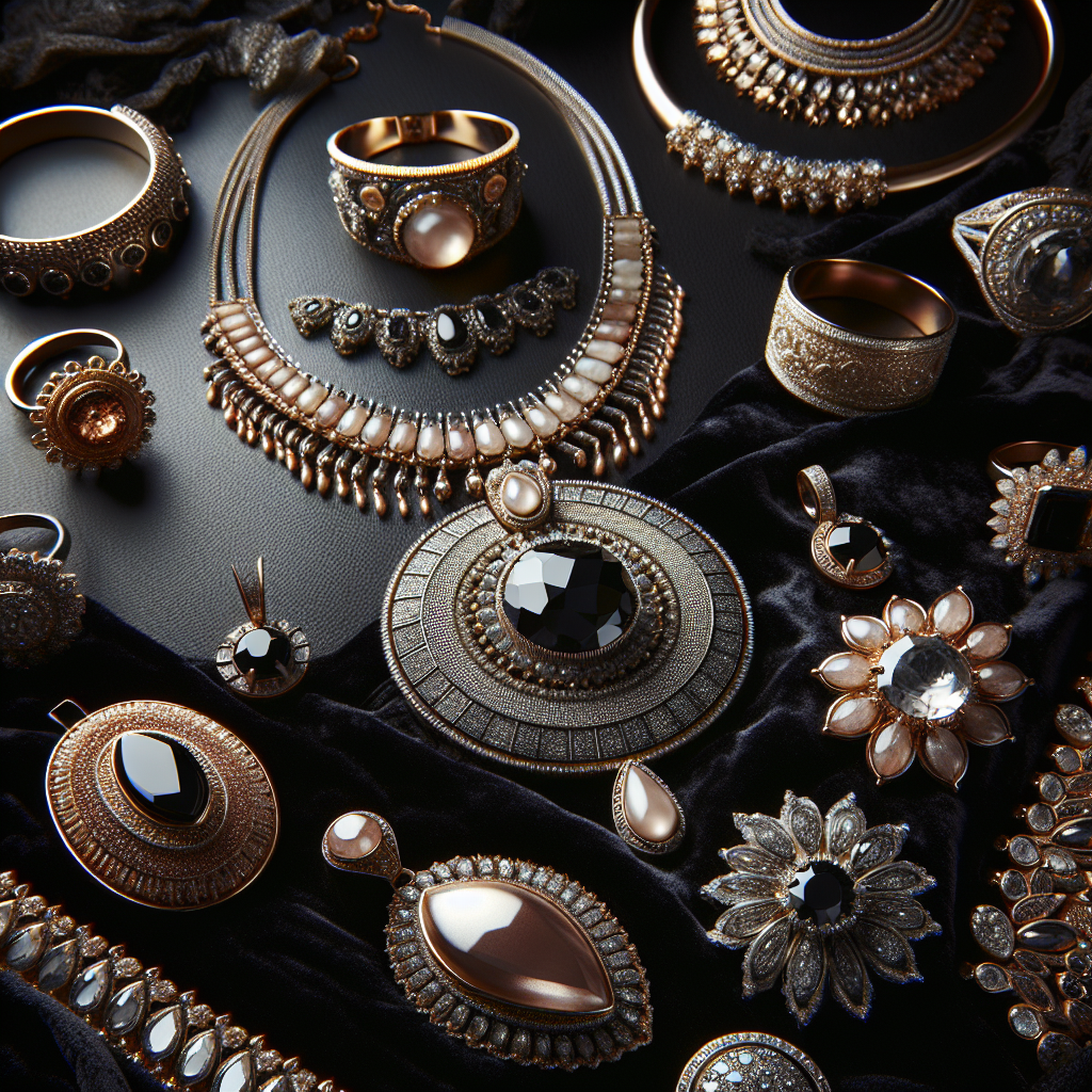 A selection of fashionable jewelry including statement necklaces, delicate rings, and elegant bracelets on a black velvet background.