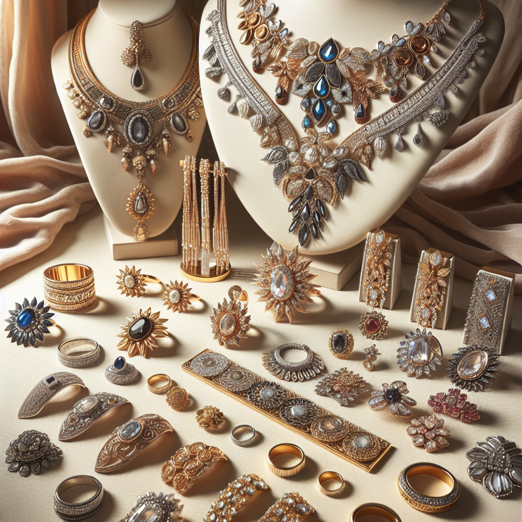 Fashionable jewellery pieces displayed, including statement necklaces and delicate rings.