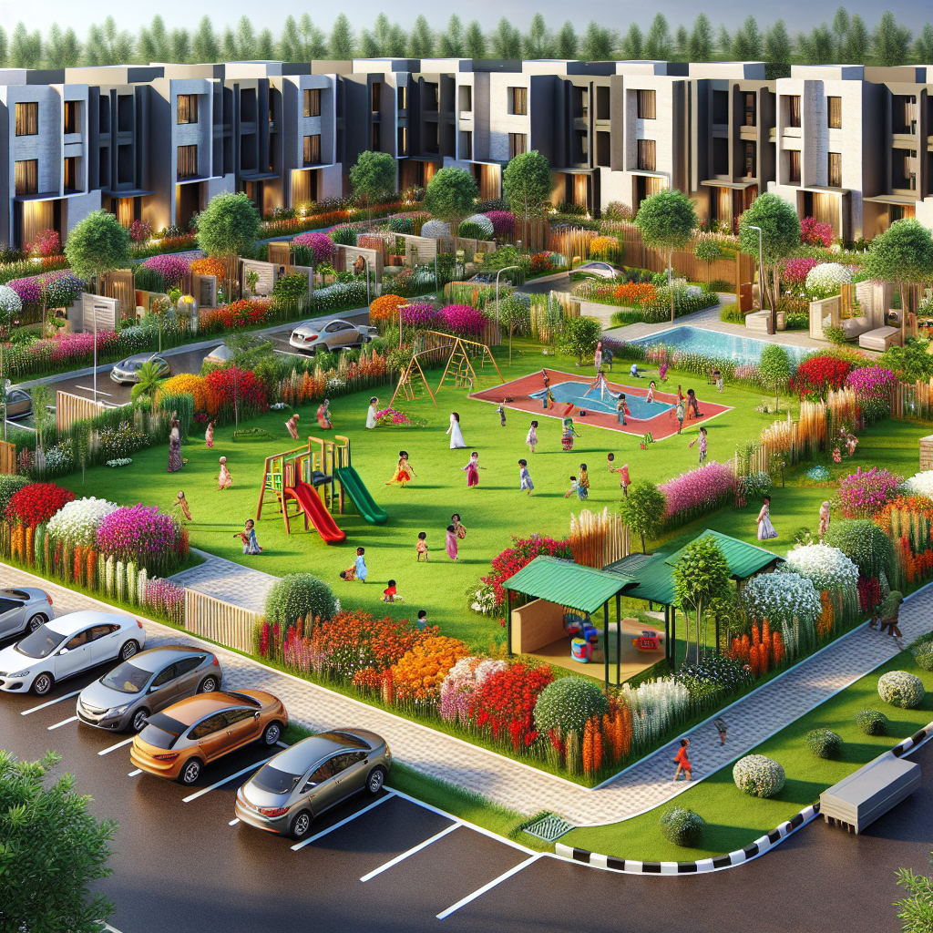 A realistic depiction of accessory lots including parking, a communal garden, a playground, and storage facility in a residential and commercial area.