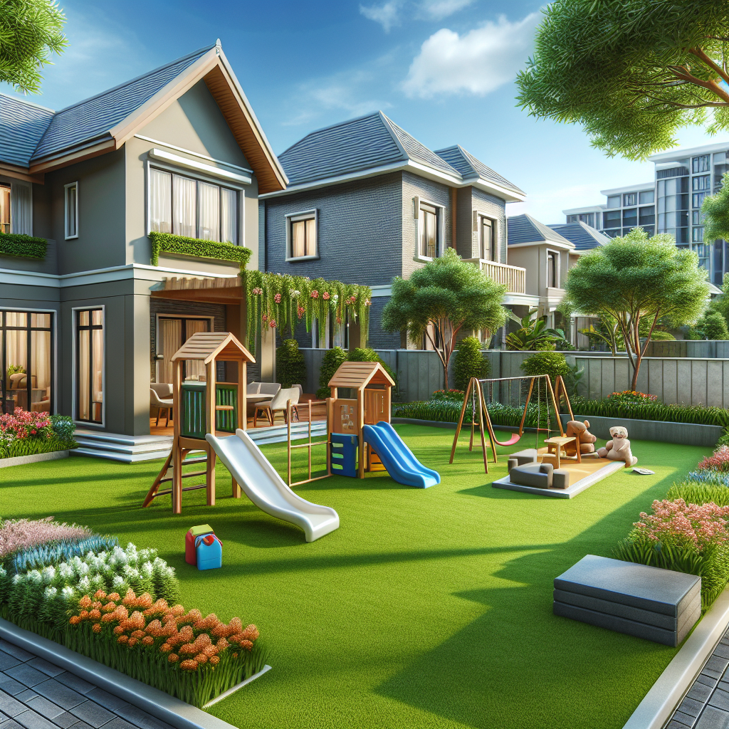 A realistic image of an accessory lot with a garden and playground next to a primary residential property.