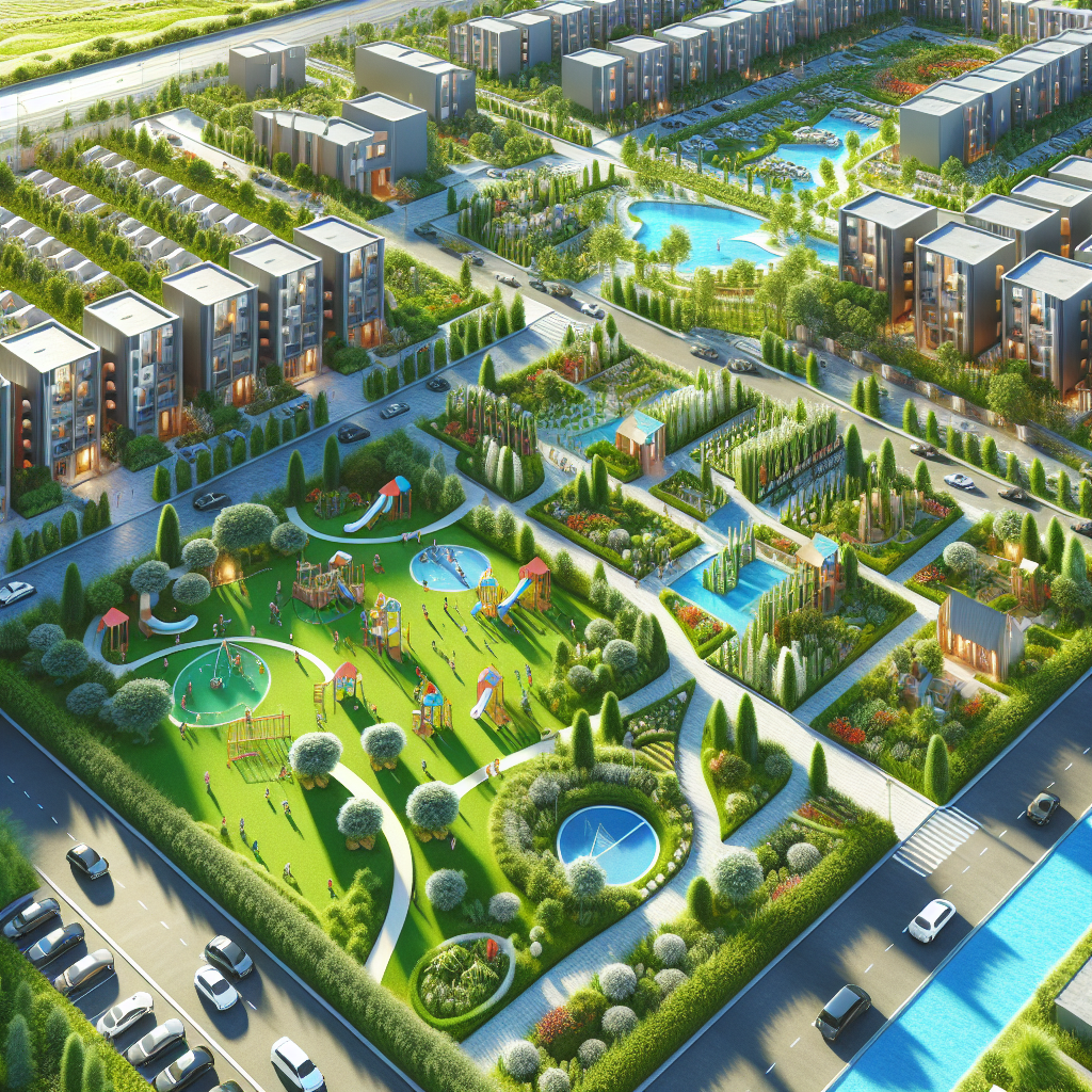 A detailed image of a community with accessory lots for gardens, playgrounds, and parking, surrounded by residences and commercial buildings.