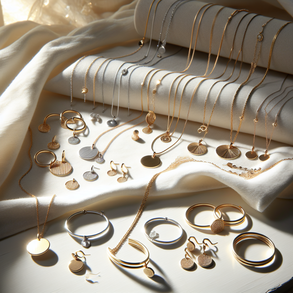 A display of elegant everyday jewelry including delicate necklaces, minimalist earrings, and versatile bracelets on a white velvet cloth.