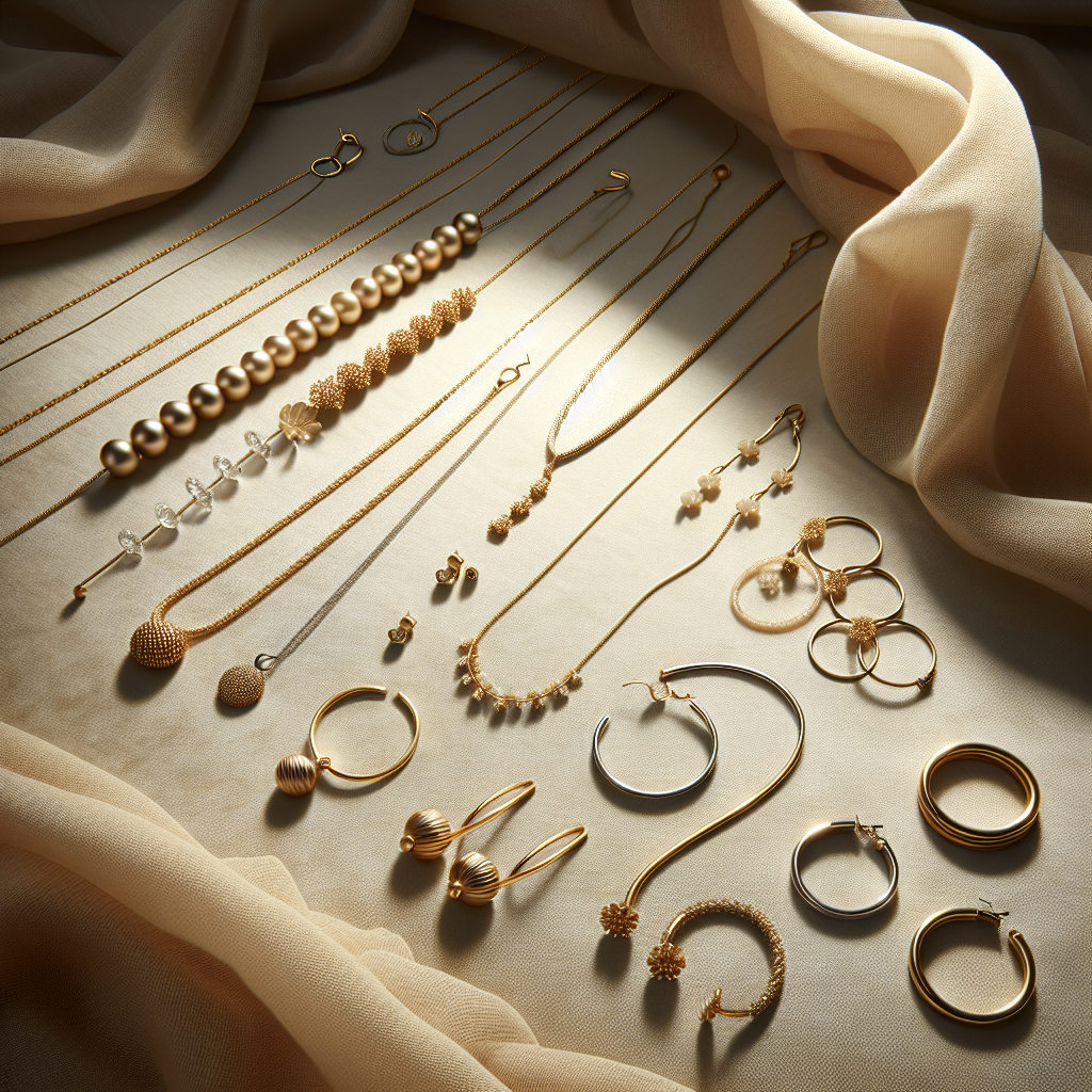 Various pieces of everyday jewelry displayed on a delicate fabric background.