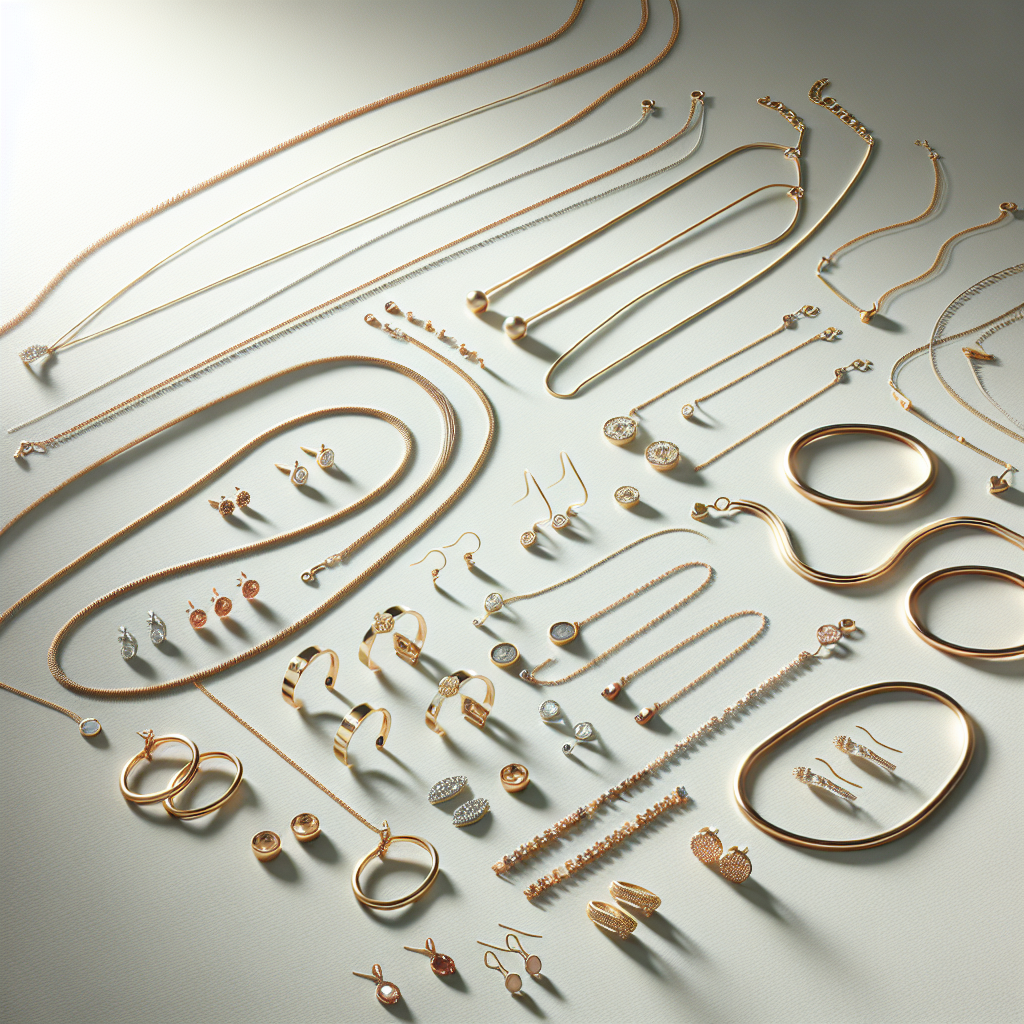 A selection of everyday jewelry including delicate necklaces, minimalist earrings, and versatile bracelets in gold, silver, and rose gold on a light background.