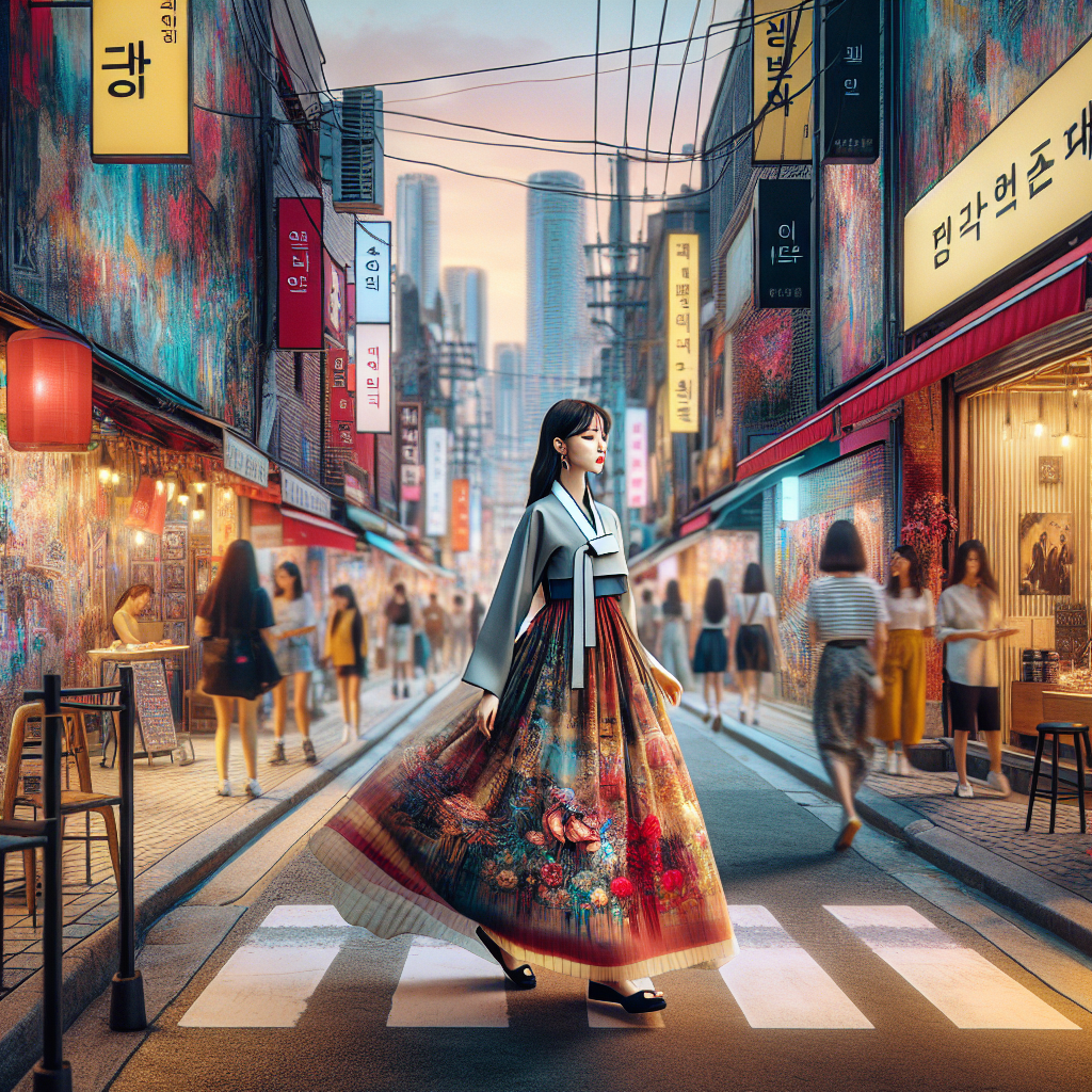 Stylish young woman in modern K fashion walking through the vibrant streets of Seoul.