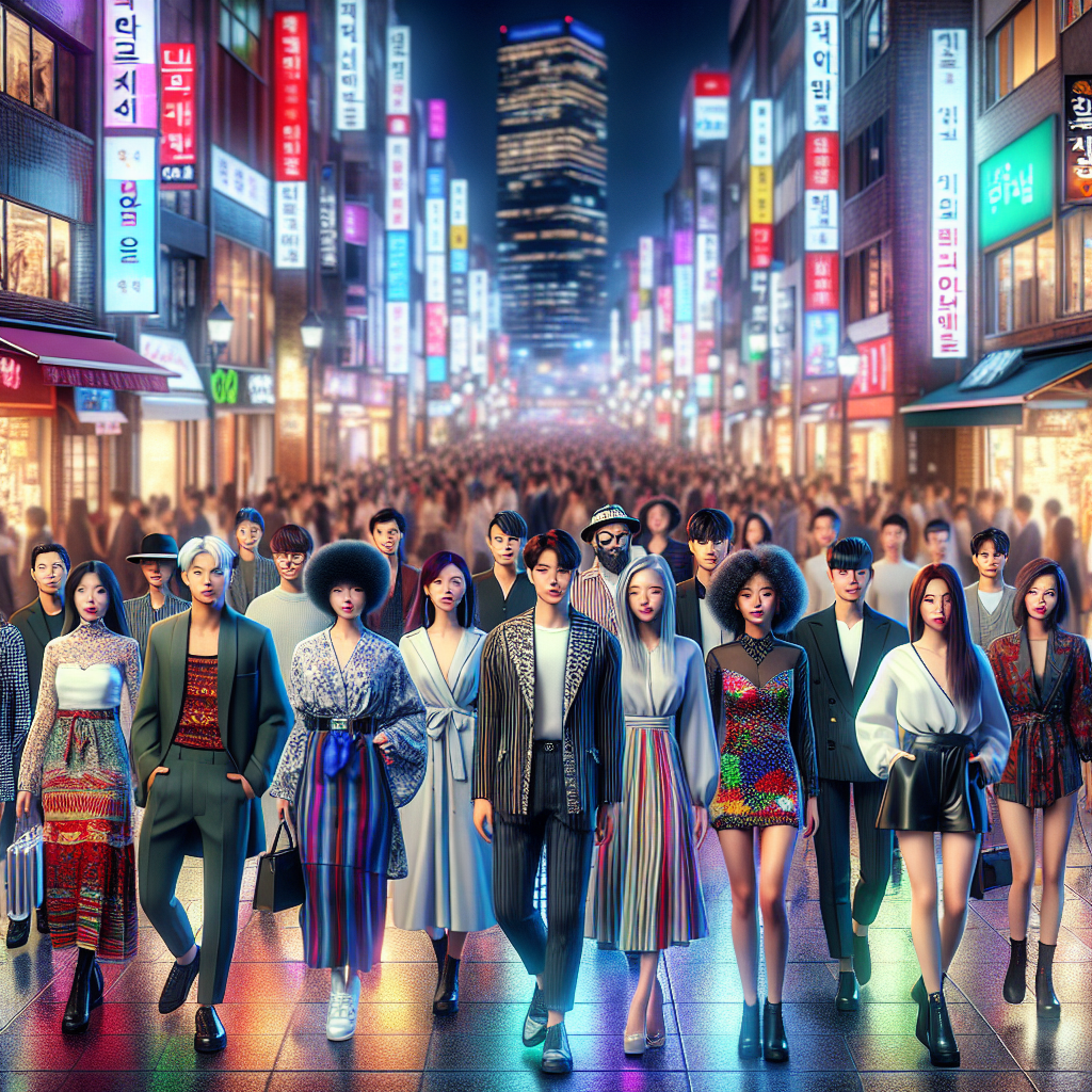 A vibrant street in Seoul at night with fashionable young people showcasing K fashion brands.