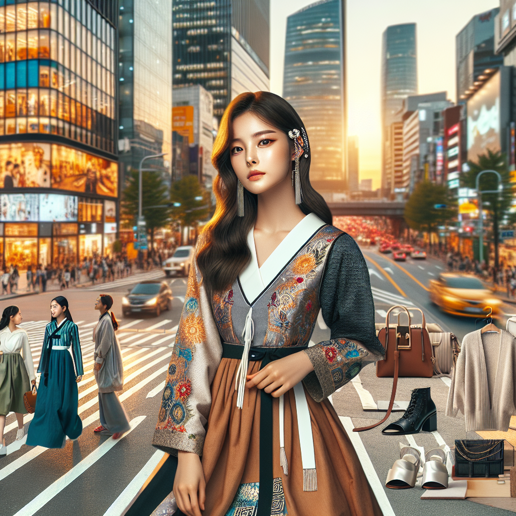 A trendy young South Korean woman in modern K fashion on a bustling Seoul street.