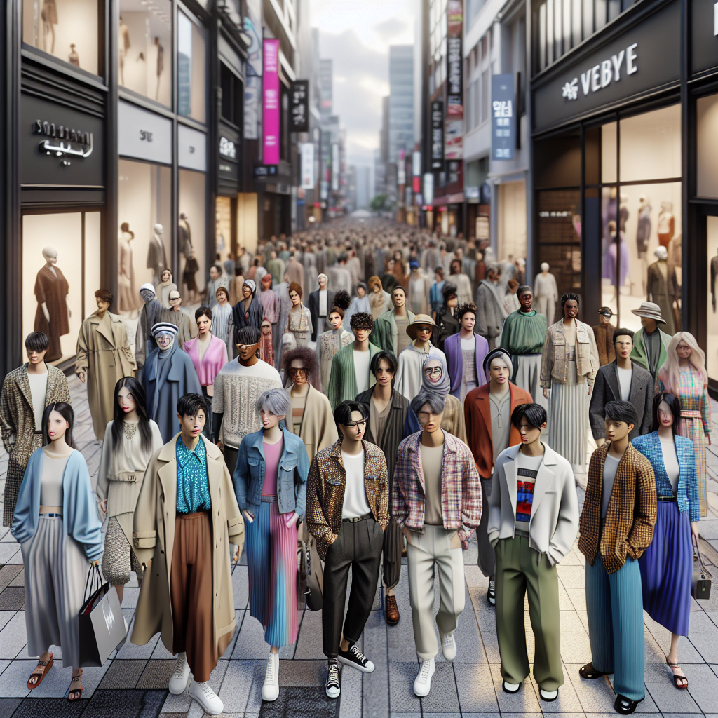 Realistic depiction of a Seoul street with people in K fashion outfits.