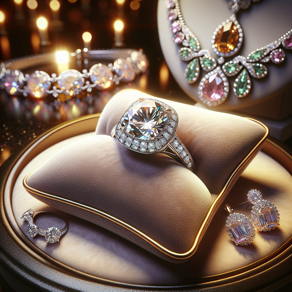 Close-up of a beautifully crafted diamond ring and other luxury jewelry pieces displayed in a sophisticated setting.