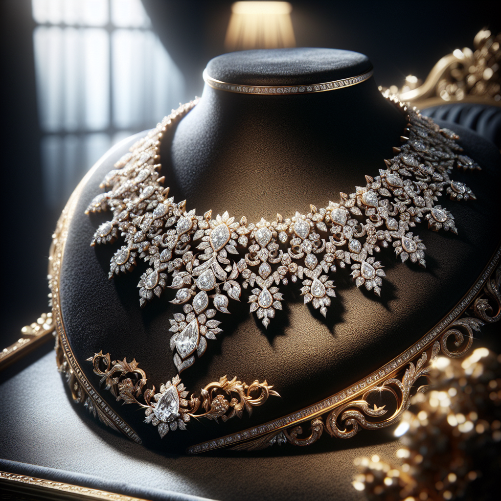 Close-up of a high-end jewelry store display featuring an elegant diamond necklace on a black velvet stand.