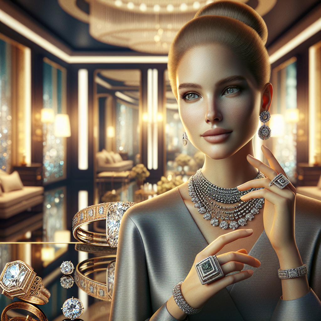 An elegant woman wearing sophisticated jewelry in a luxurious setting, highlighting pieces from Meyson Jewellery.