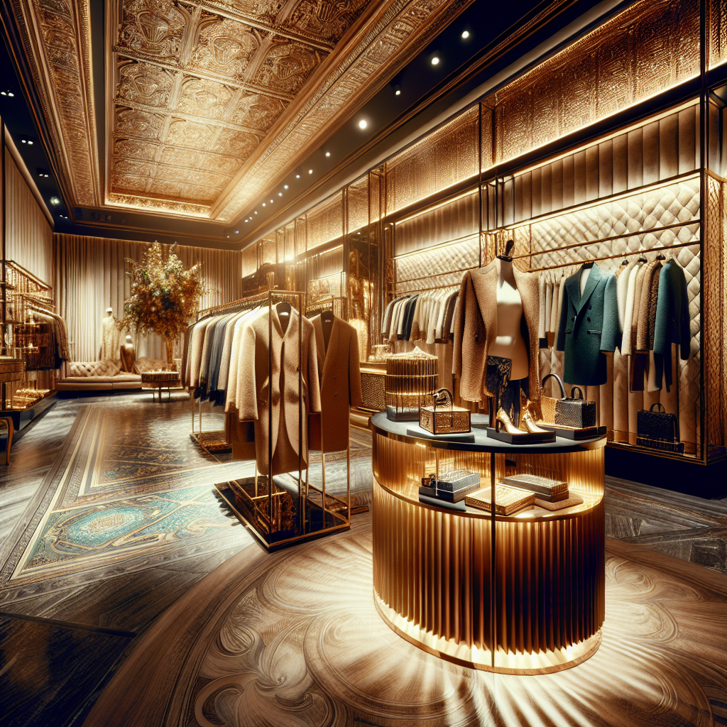 An upscale fashion boutique interior with designer clothes and luxury accessories.