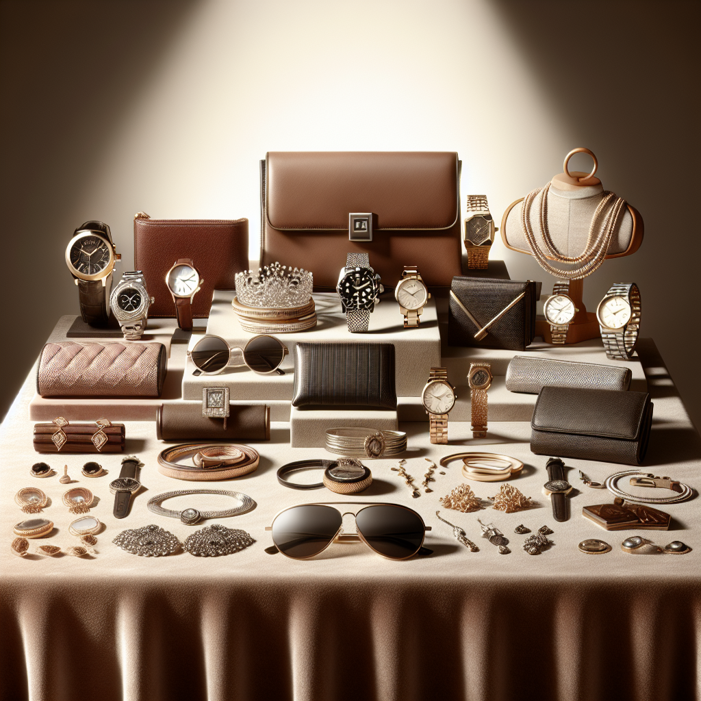 A stylish collection of accessories displayed on a velvet-lined table, including watches, sunglasses, jewelry, and wallets.