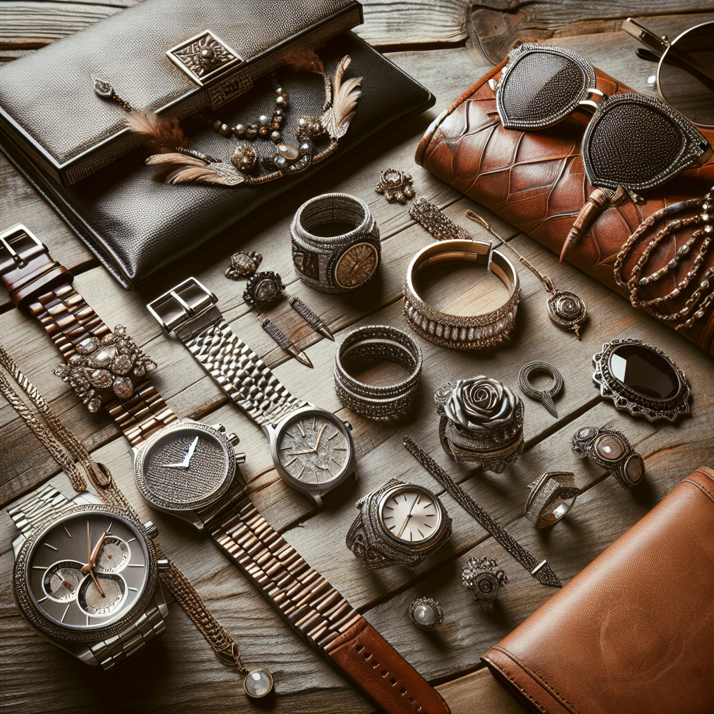 A stylish accessories collection laid out on a wooden table, including a designer watch, necklaces, bracelets, rings, sunglasses, and a leather wallet.