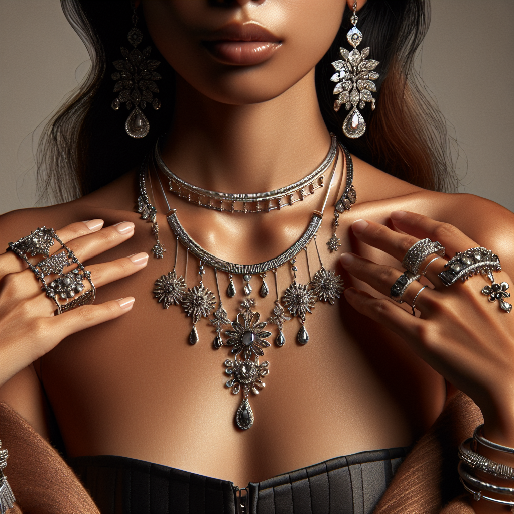 Woman modeling modern, fashionable jewelry.