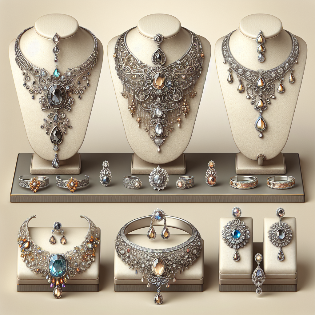 A display of fashionable jewelry, including necklaces, bracelets, and earrings, with intricate designs and luxurious appearance.