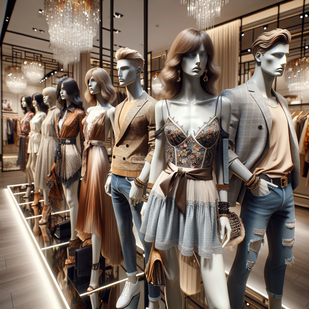 A trendy clothing selection displayed on mannequins in a stylish boutique, highlighting intricate details and vibrant colors.