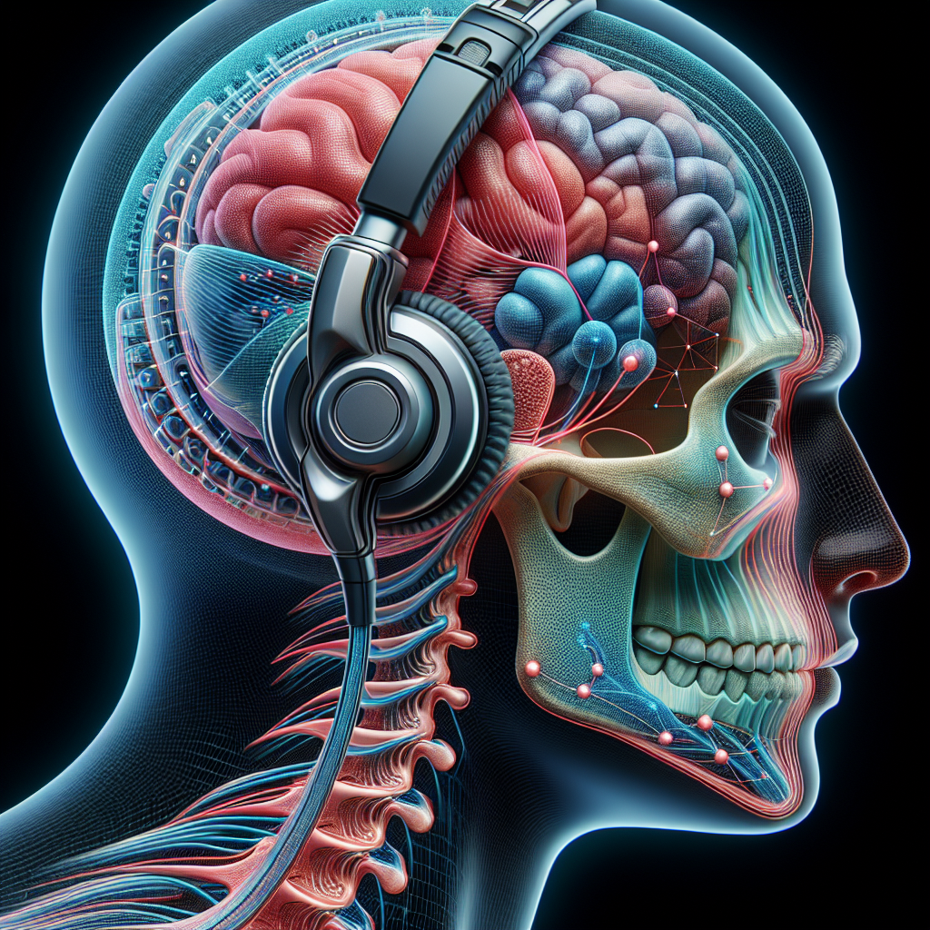 Illustration of bone conduction technology with a side view of a head and headphones.