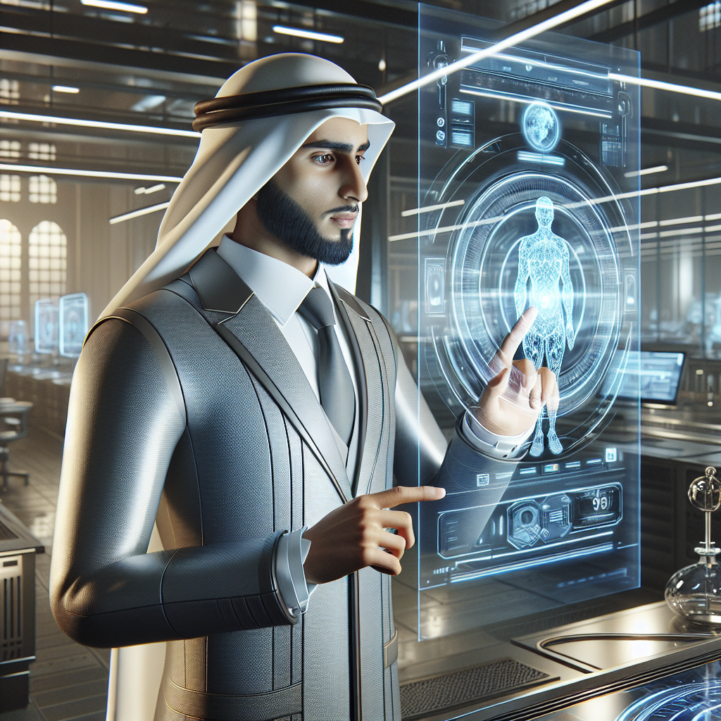 A futuristic laboratory with a person interacting with a holographic interface, reflecting a high-tech environment.