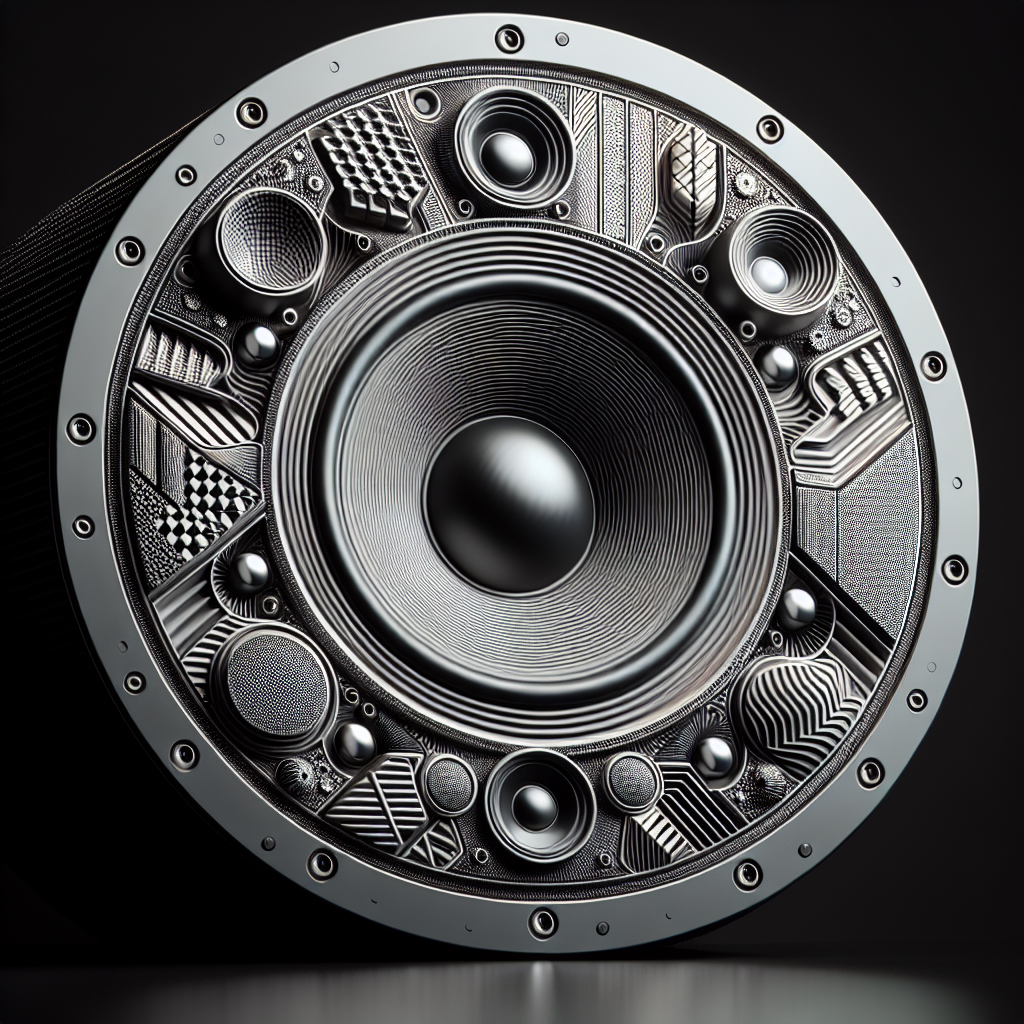 A realistic image of a modern, high-fidelity speaker similar to a reference photo.