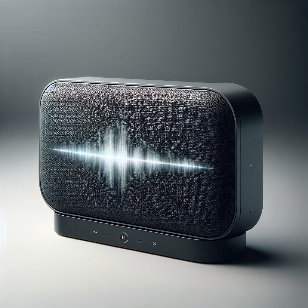 A realistic image of a modern conduction speaker with a minimalistic design, emitting sound waves, on a neutral background.