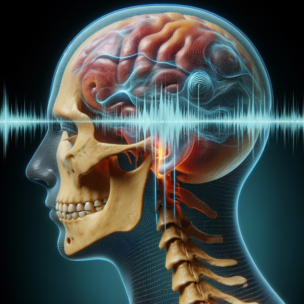 Realistic depiction of bone conduction technology in action with a focus on anatomical and physical details.